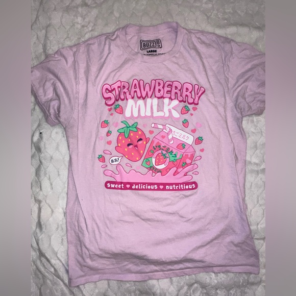 Buzz Tops - Juniors Pink "Strawberry Milk" Graphic Cartoon Kawaii Tee